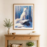 Finished arctic fox in snowy birch woods cross stitch artwork displayed as home decor