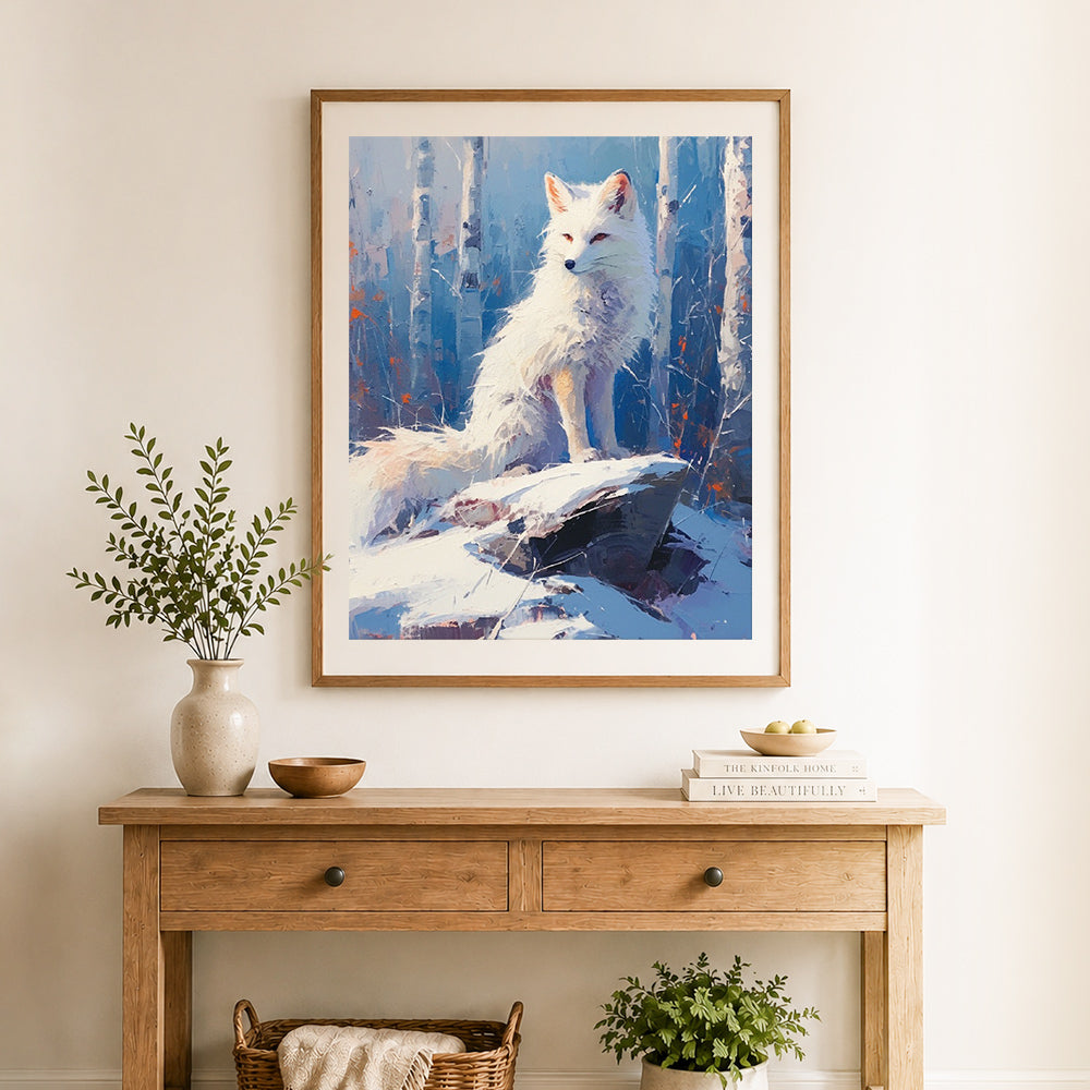 Finished arctic fox in snowy birch woods cross stitch artwork displayed as home decor