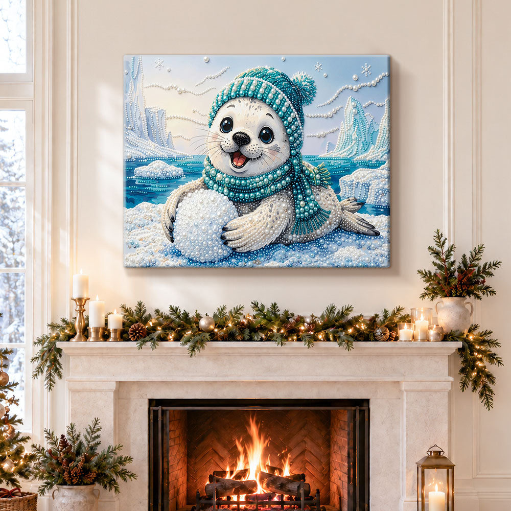Finished arctic seal with snowball pearl diamond painting artwork displayed as holiday home decor