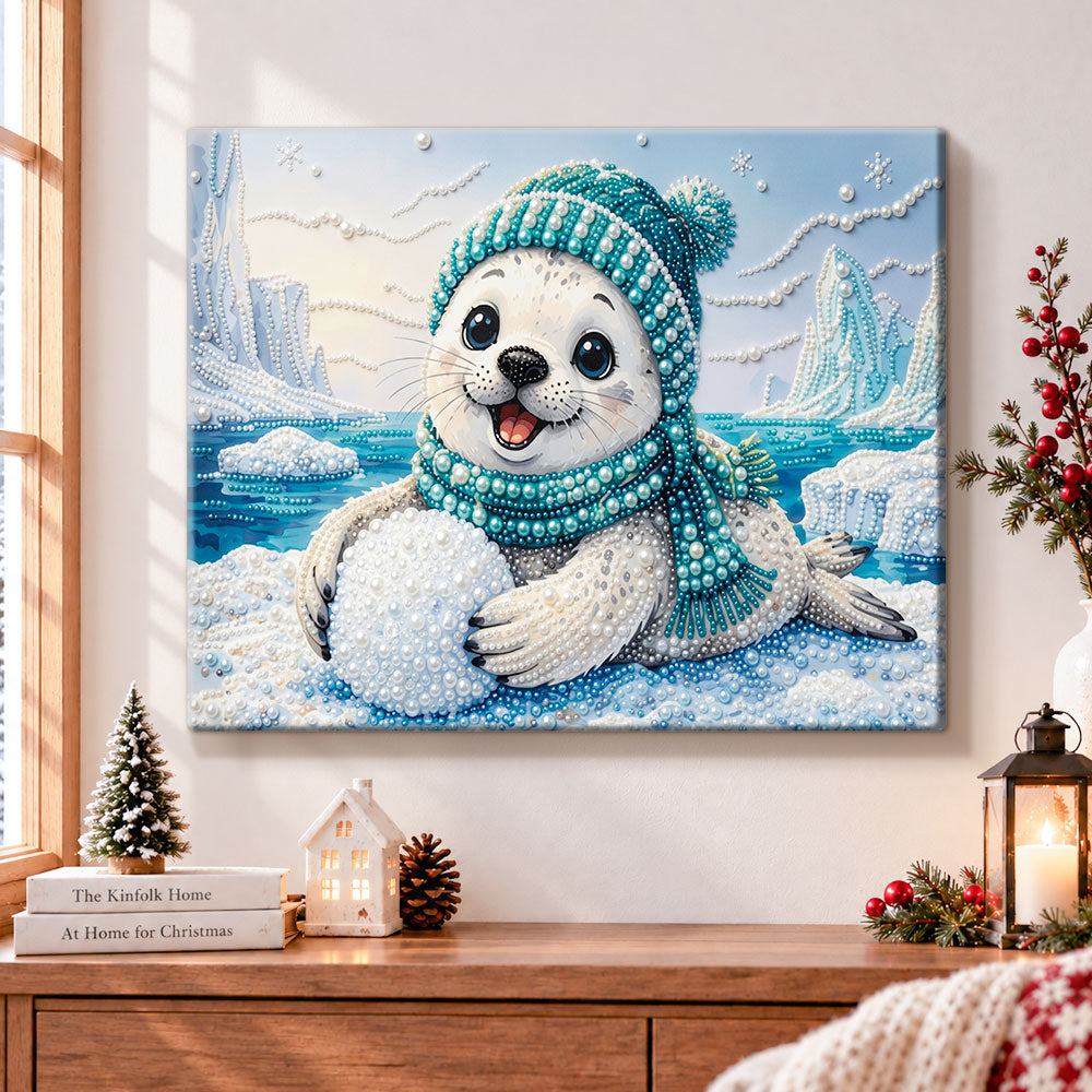 Arctic seal with snowball pearl diamond painting kit for beginners