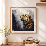 Finished art looking‑up tiger cross stitch artwork displayed as home decor