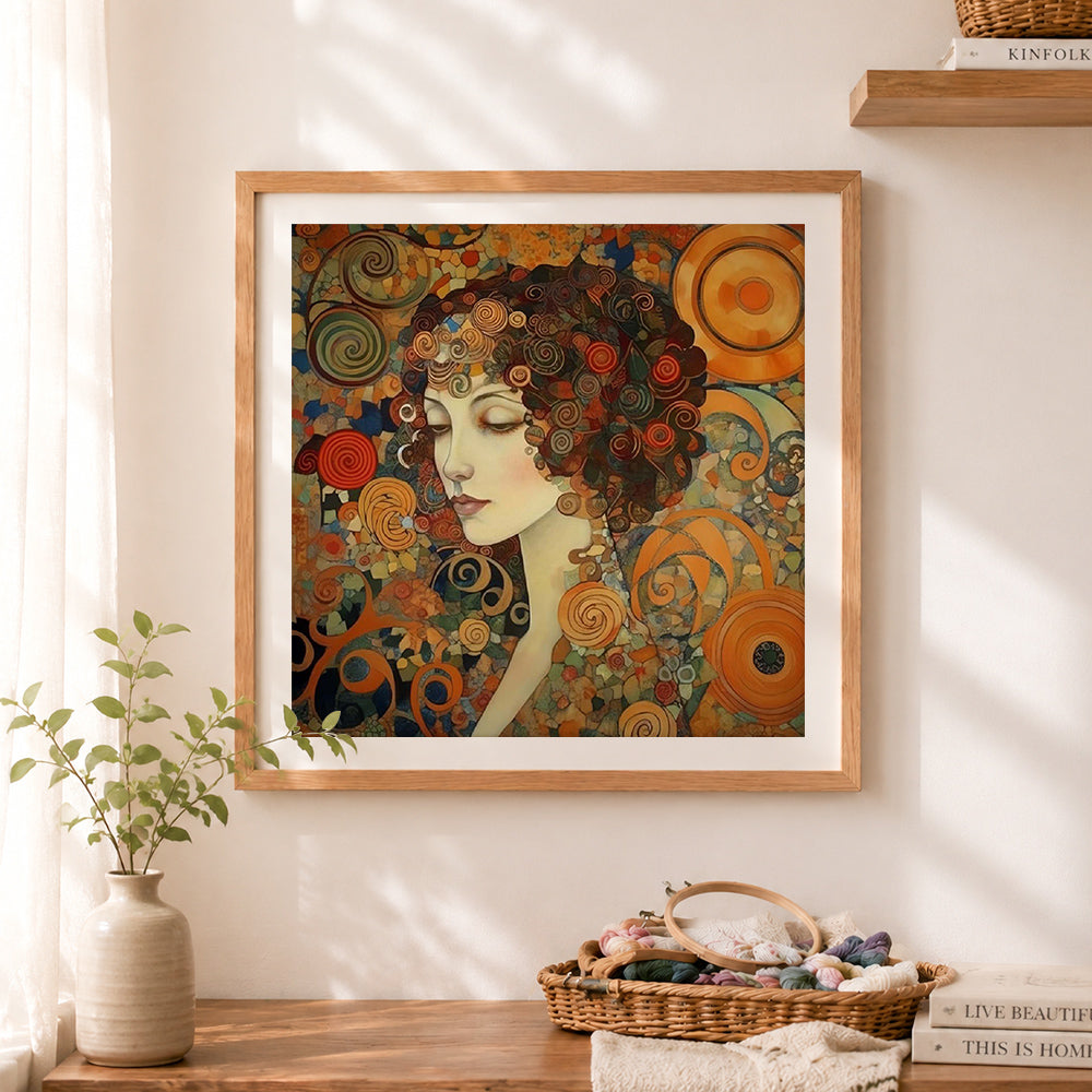 Finished art nouveau spiraling girl portrait cross stitch artwork displayed as home decor