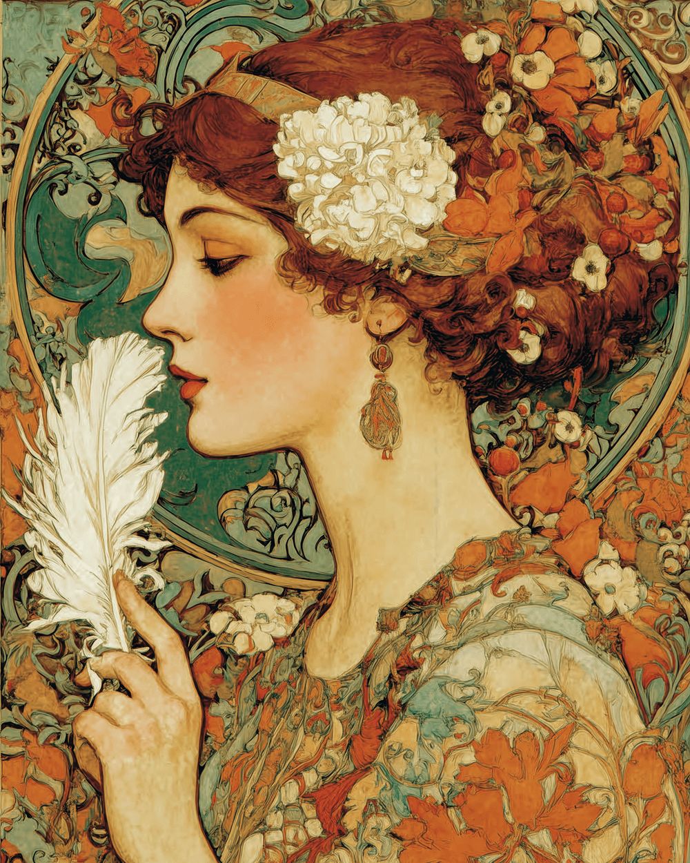 Art nouveau woman holding feather cross stitch kit for beginners