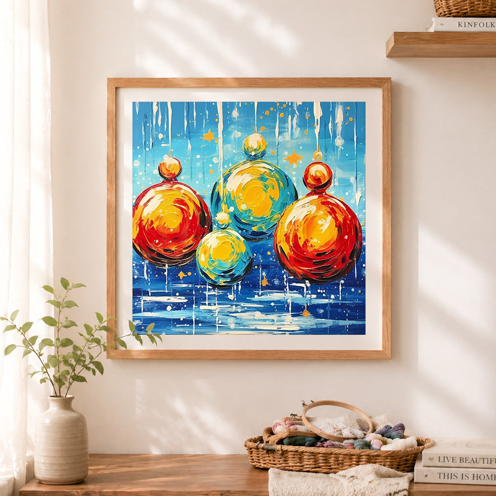 Finished artistic holiday ornaments cross stitch artwork displayed as home decor