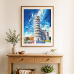 Finished artistic leaning tower cross stitch artwork displayed as home decor