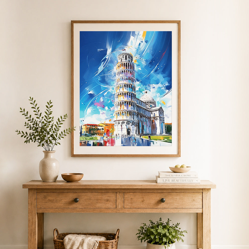 Finished artistic leaning tower cross stitch artwork displayed as home decor