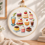 Assorted sweet treats embroidery hoop wall art displayed as warm and cozy handmade home decor