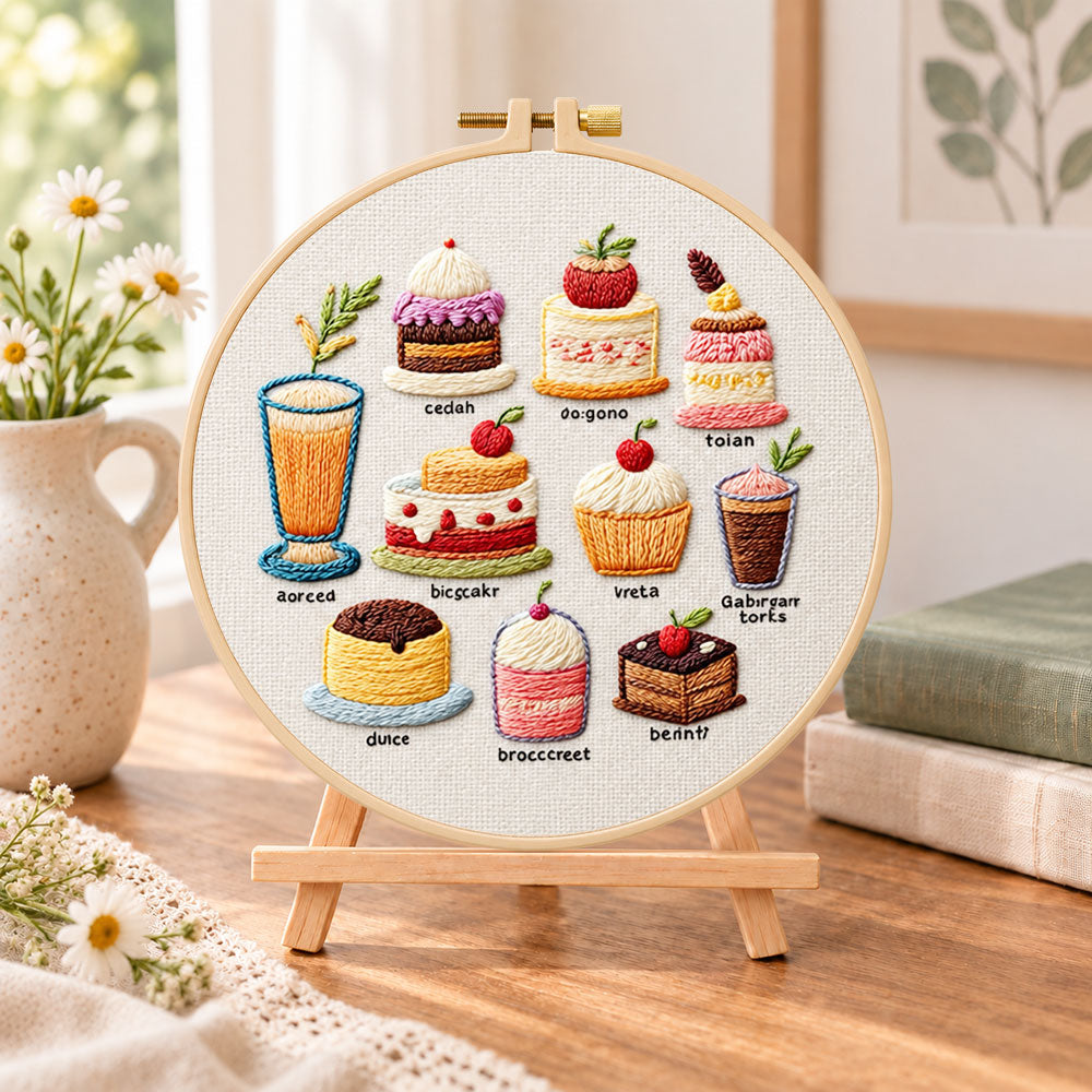 Assorted sweet treats embroidery kit finished hoop displayed on a wooden stand as cozy tabletop decor
