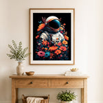Finished astronaut among blooms cross stitch artwork displayed as home decor
