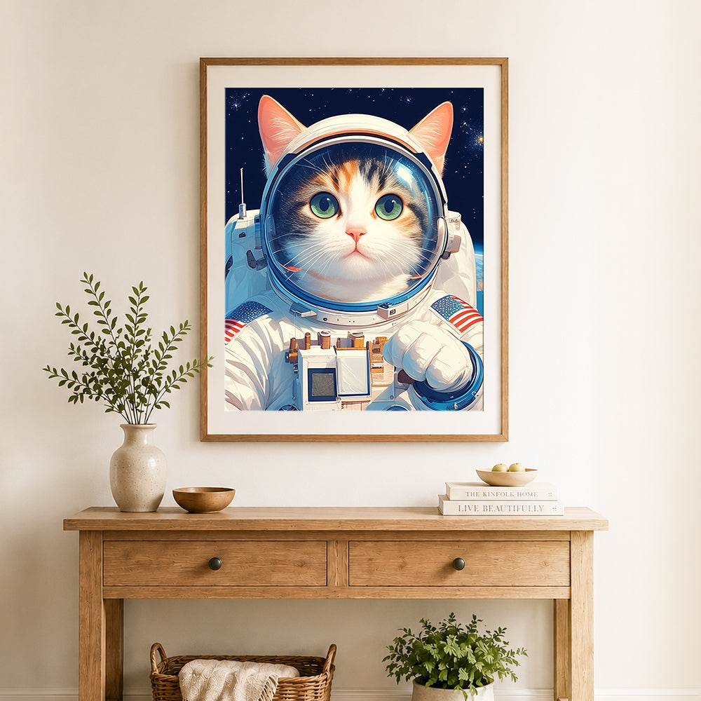 Finished astronaut calico cat cross stitch artwork displayed as home decor