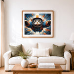 Finished astronaut cat in space cross stitch artwork displayed as home decor