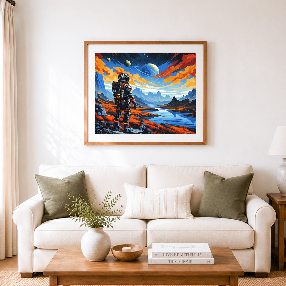 Finished astronaut gazing at alien planets cross stitch artwork displayed as home decor