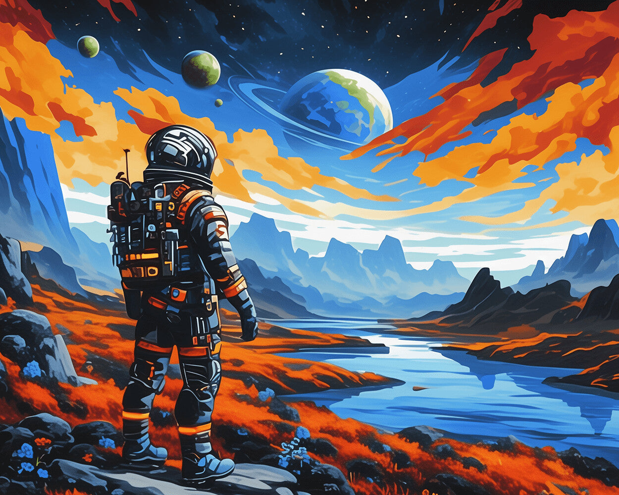 Astronaut gazing at alien planets cross stitch kit for beginners
