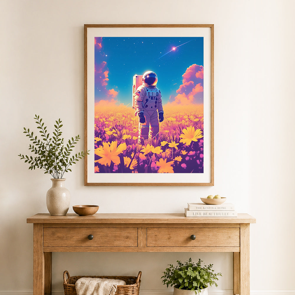 Finished astronaut in flower field cross stitch artwork displayed as home decor