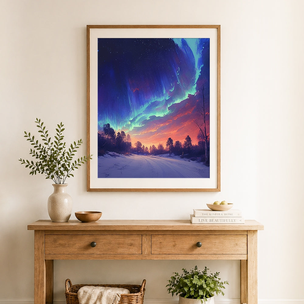 Finished aurora borealis night sky over snowy road cross stitch artwork displayed as home decor