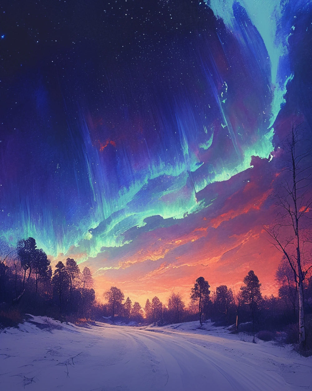 Aurora borealis night sky over snowy road cross stitch kit for beginners