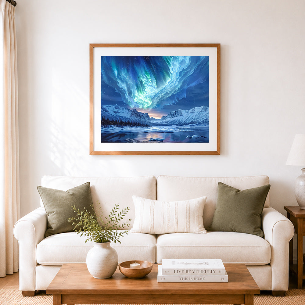 Finished aurora borealis over snowy mountain lake cross stitch artwork displayed as home decor