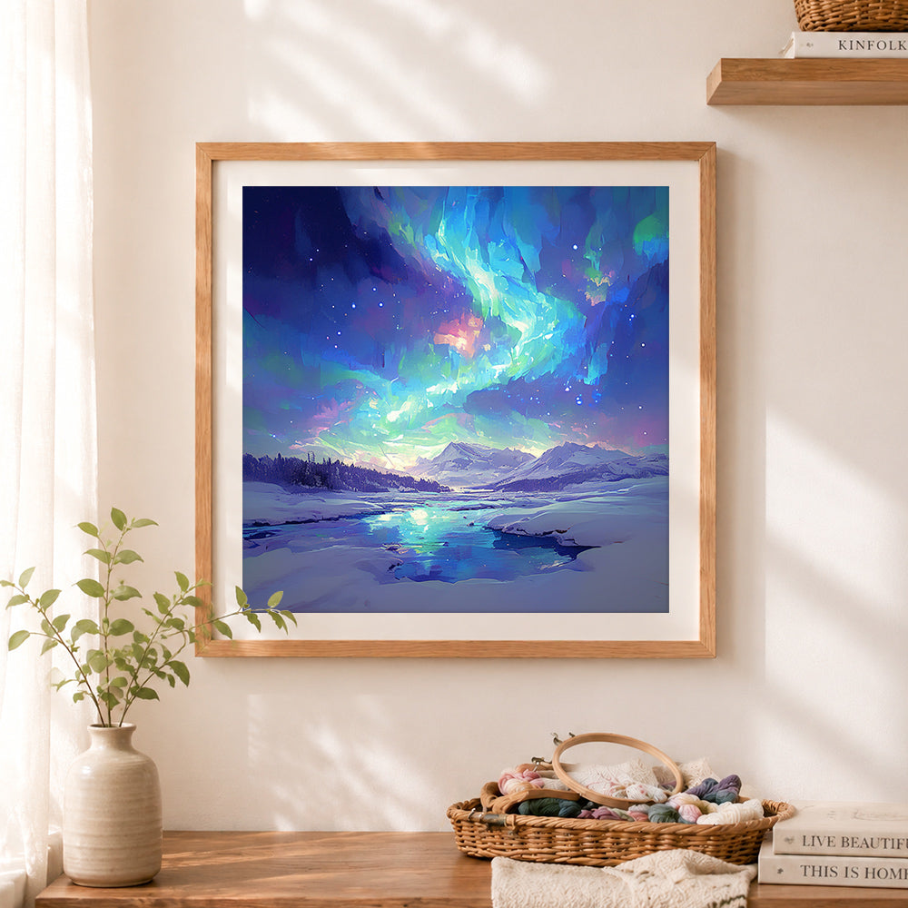 Finished aurora borealis over snowy mountains cross stitch artwork displayed as home decor