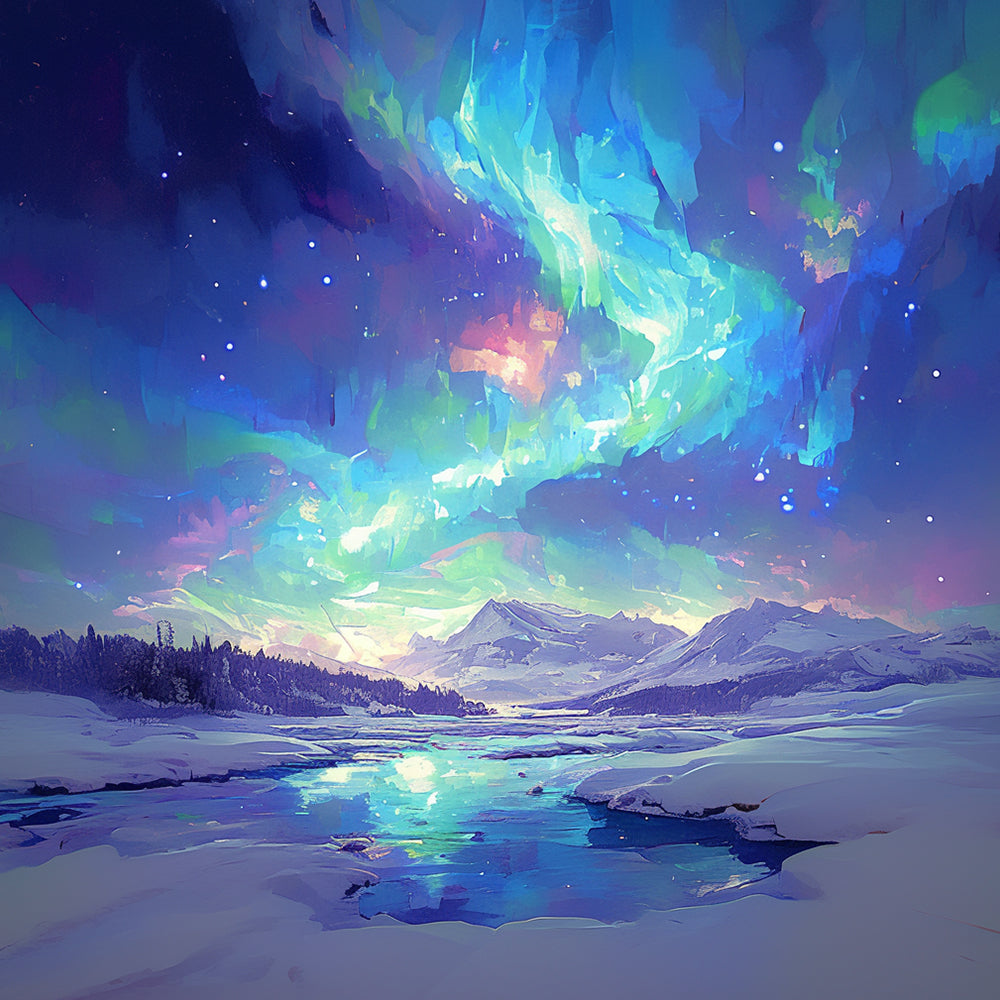 Aurora borealis over snowy mountains cross stitch kit for beginners