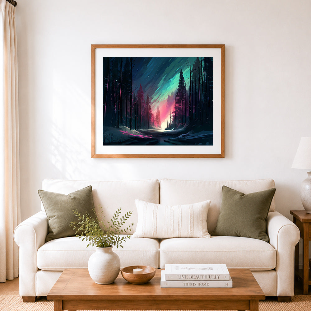Finished aurora lights in snowy woods cross stitch artwork displayed as home decor