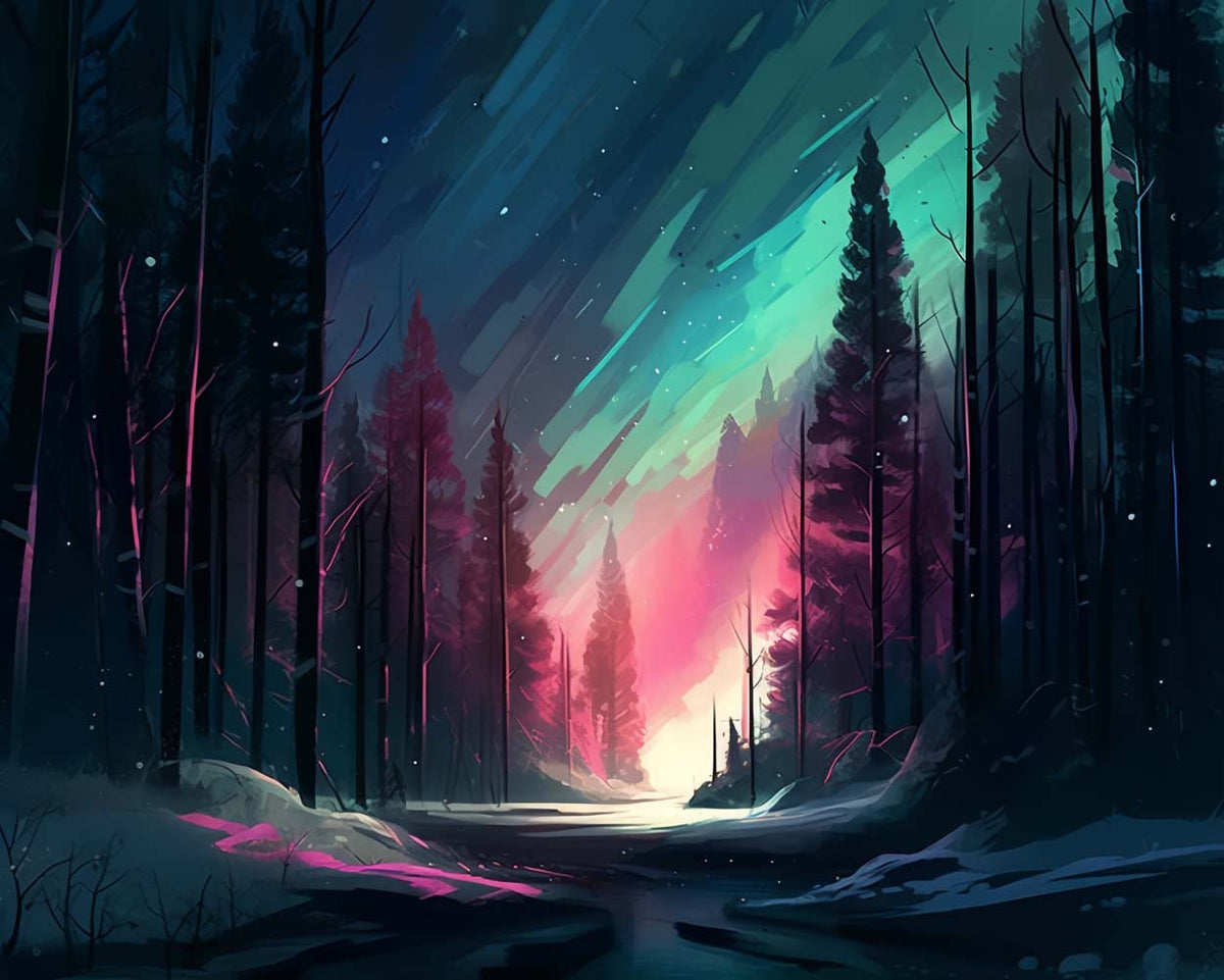 Aurora lights in snowy woods cross stitch kit for beginners