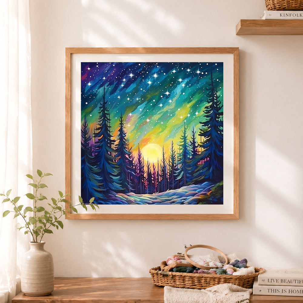 Finished aurora starry pine forest cross stitch artwork displayed as home decor