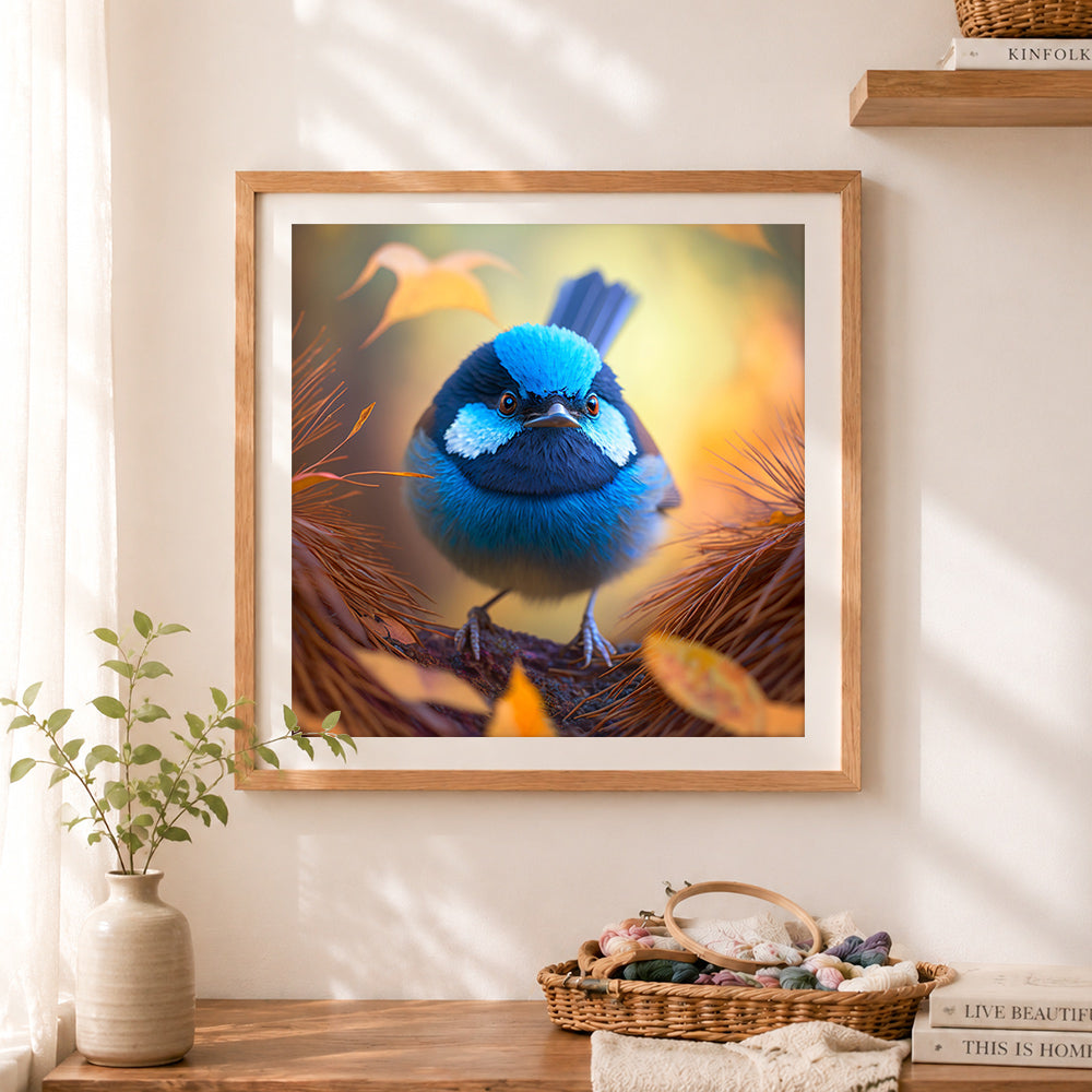 Finished autumn bluebird cross stitch artwork displayed as home decor