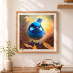 Finished autumn bluebird cross stitch artwork displayed as home decor