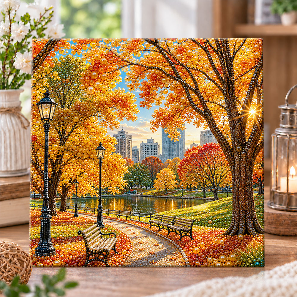Autumn city park scenery pearl diamond painting kit for beginners