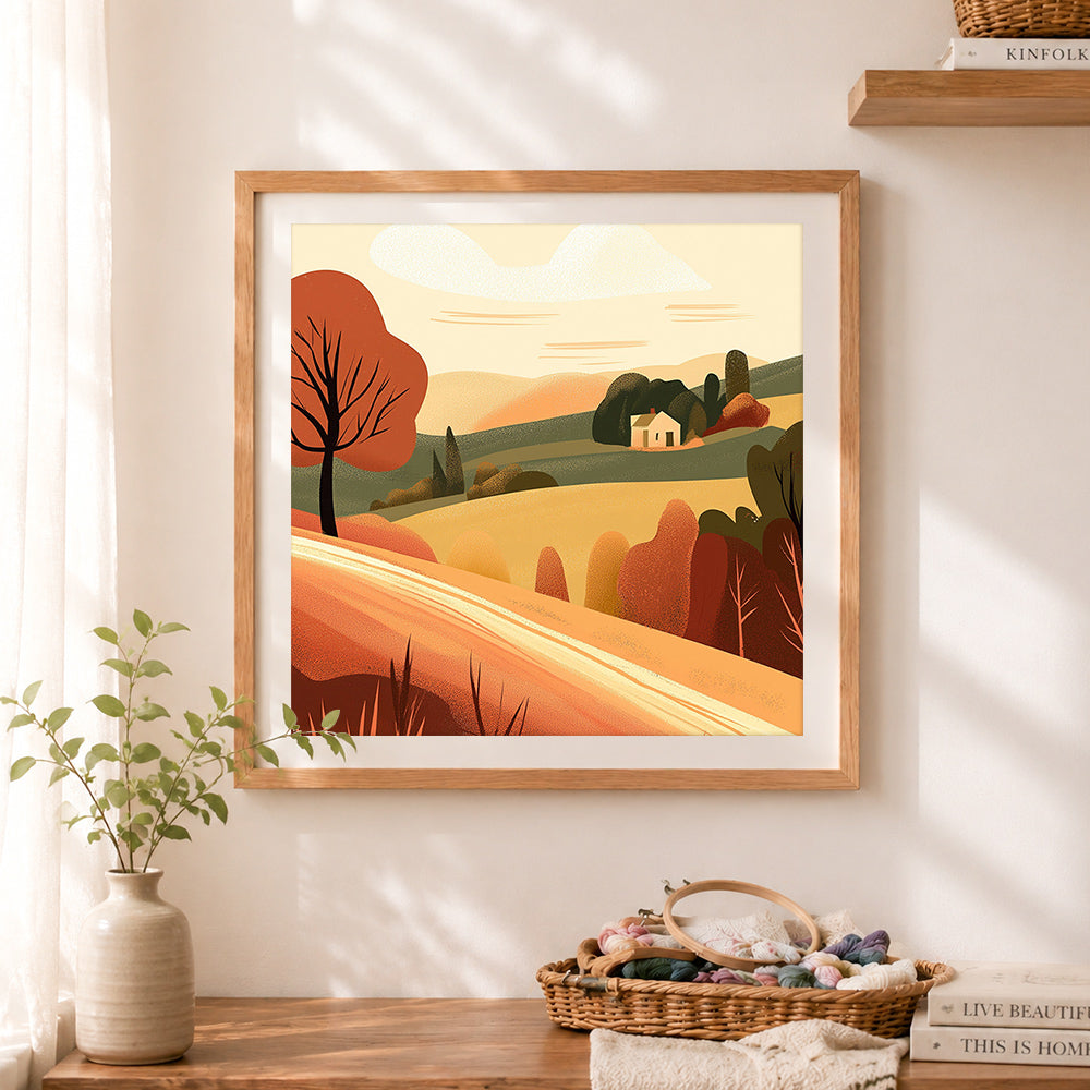 Finished autumn countryside cross stitch artwork displayed as home decor