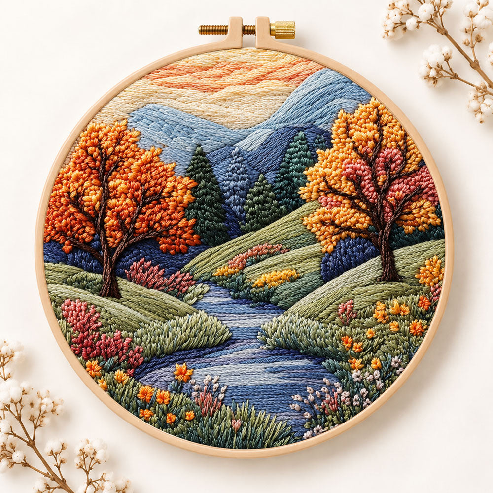 Autumn creek and trees embroidery kit