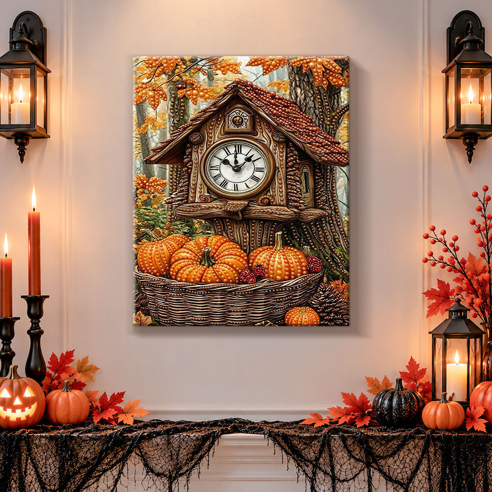 Finished autumn cuckoo clock with pumpkins pearl diamond painting artwork displayed as holiday home decor