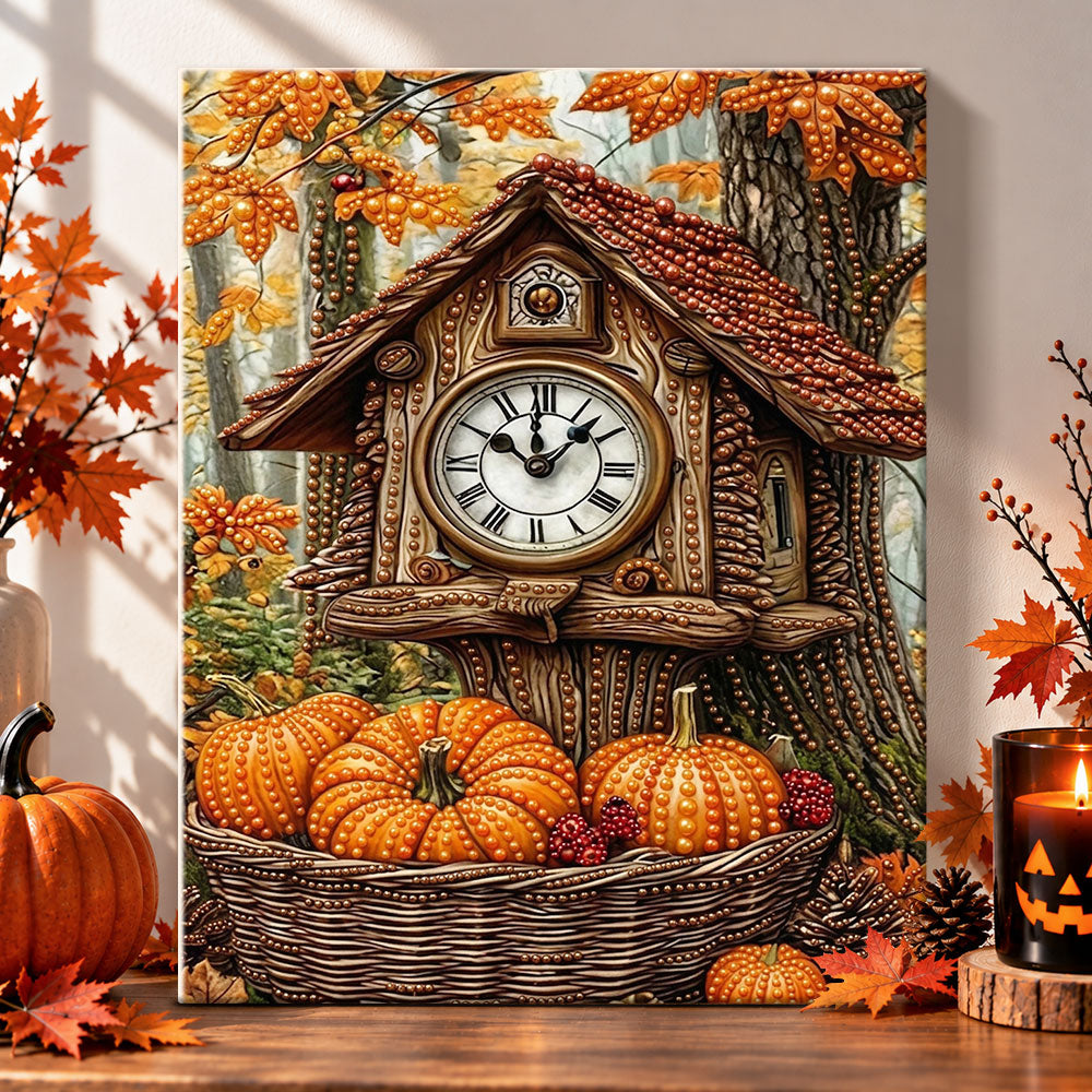 Autumn cuckoo clock with pumpkins pearl diamond painting kit for beginners