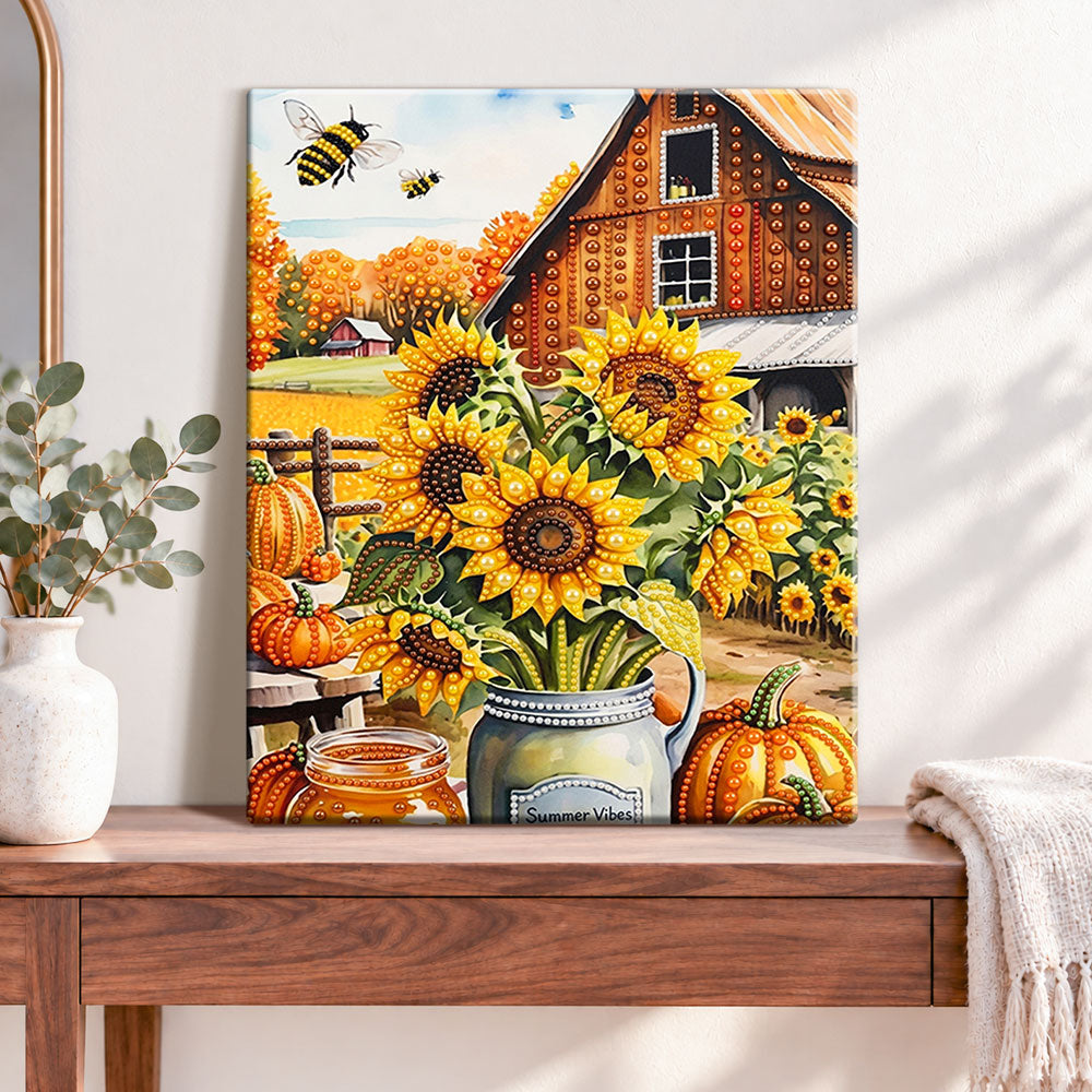 Finished autumn farm harvest pearl diamond painting artwork displayed as home decor