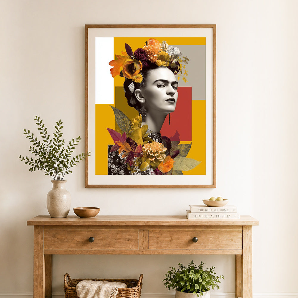 Finished autumn floral portrait cross stitch artwork displayed as home decor