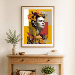 Finished autumn floral portrait cross stitch artwork displayed as home decor