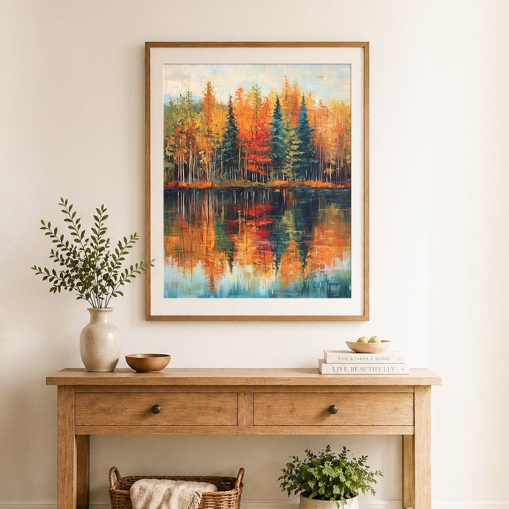 Finished autumn forest reflection on calm lake cross stitch artwork displayed as home decor