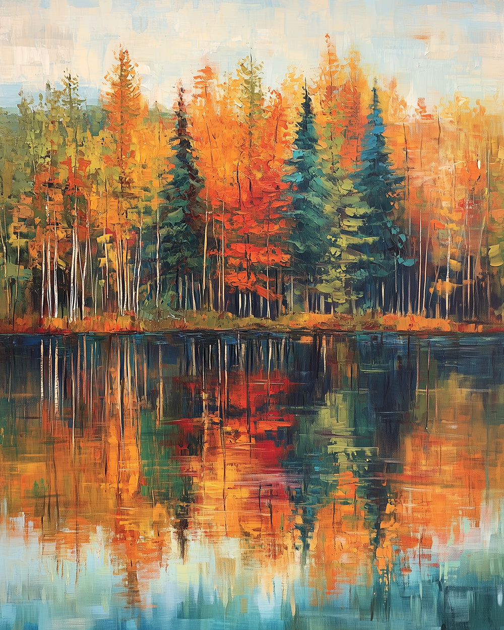 Autumn forest reflection on calm lake cross stitch kit for beginners