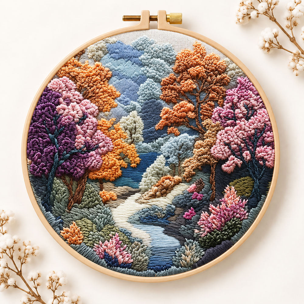 Autumn forest stream embroidery kit