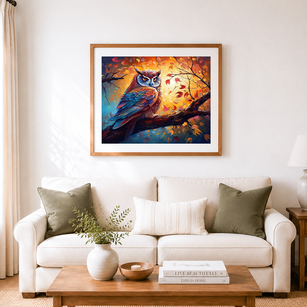 Finished autumn glow forest owl cross stitch artwork displayed as home decor