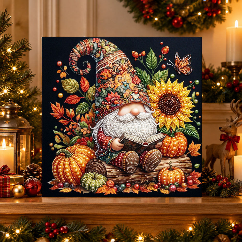 Finished autumn gnome with sunflower pearl diamond painting artwork displayed as holiday home decor