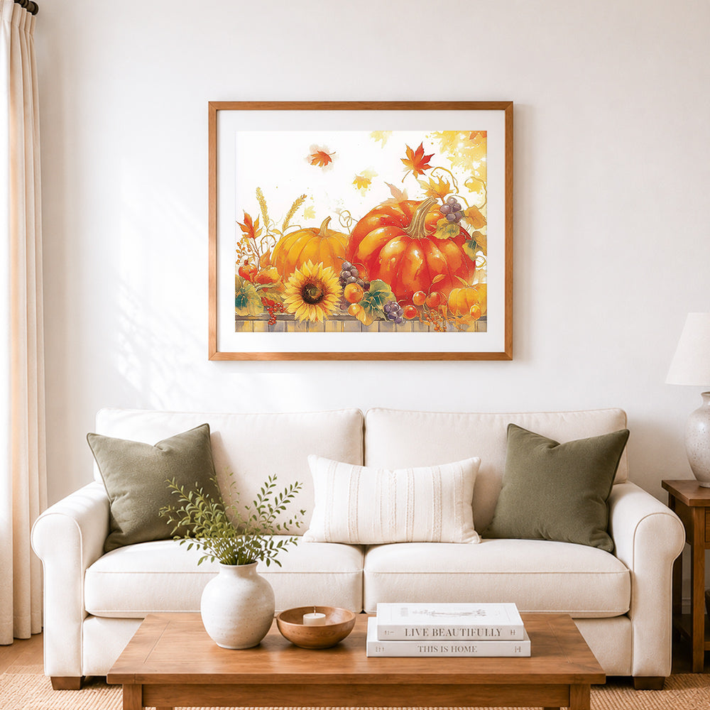 Finished autumn harvest decor cross stitch artwork displayed as home decor