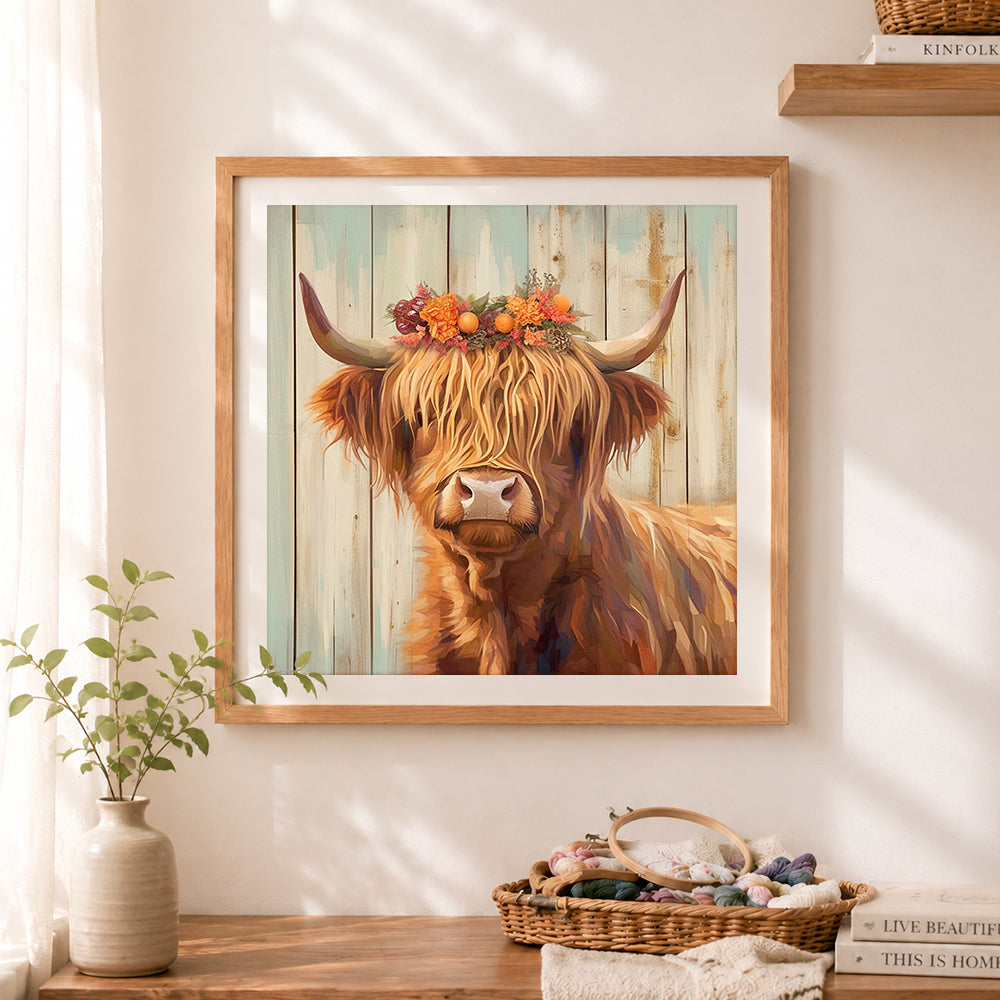 Finished autumn highland cow cross stitch artwork displayed as home decor