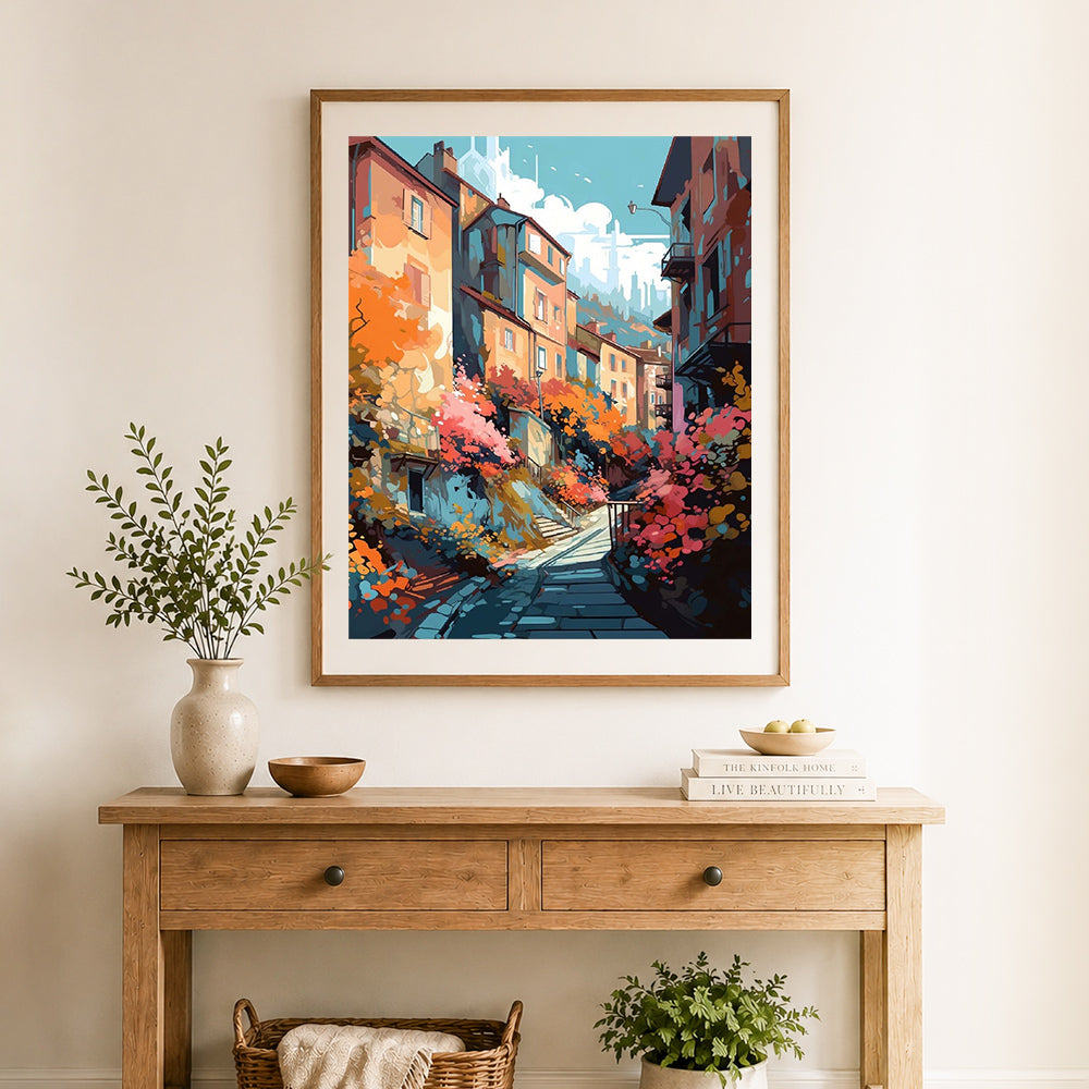 Finished autumn hillside stair alley cross stitch artwork displayed as home decor