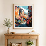Finished autumn hillside stair alley cross stitch artwork displayed as home decor