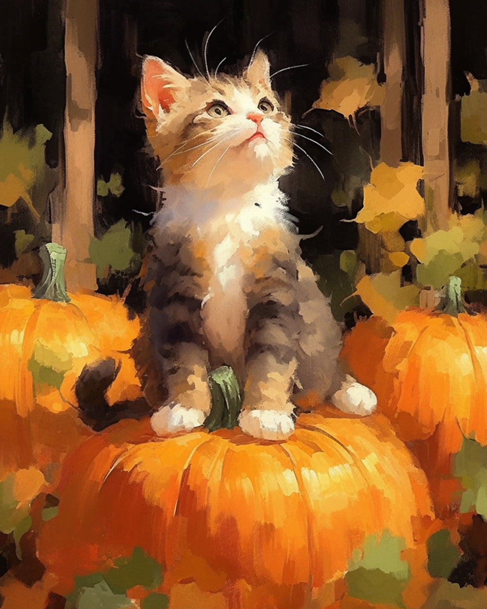 Autumn kitten on pumpkin cross stitch kit for beginners