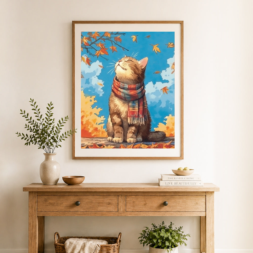 Finished autumn kitten with plaid scarf cross stitch artwork displayed as home decor