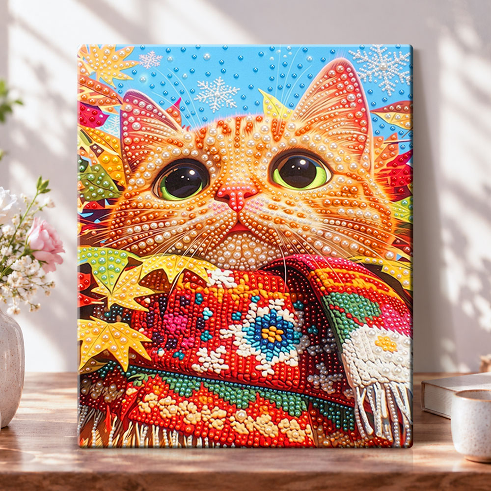 Autumn knit kitty pearl diamond painting kit for beginners