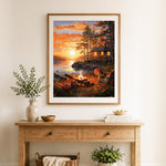 Finished autumn lake cabin with campfire and pumpkins cross stitch artwork displayed as home decor