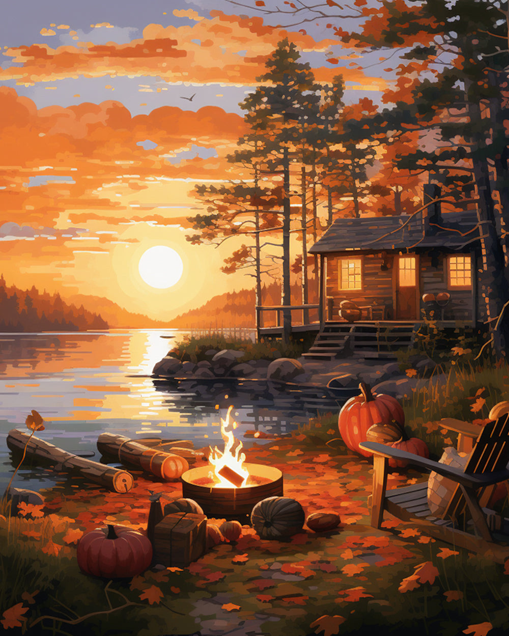 Autumn lake cabin with campfire and pumpkins cross stitch kit for beginners